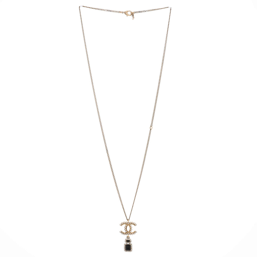 Scalloped CC Perfume Bottle Drop Pendant Necklace Metal with Crystals, Faux Pearls and Resin
