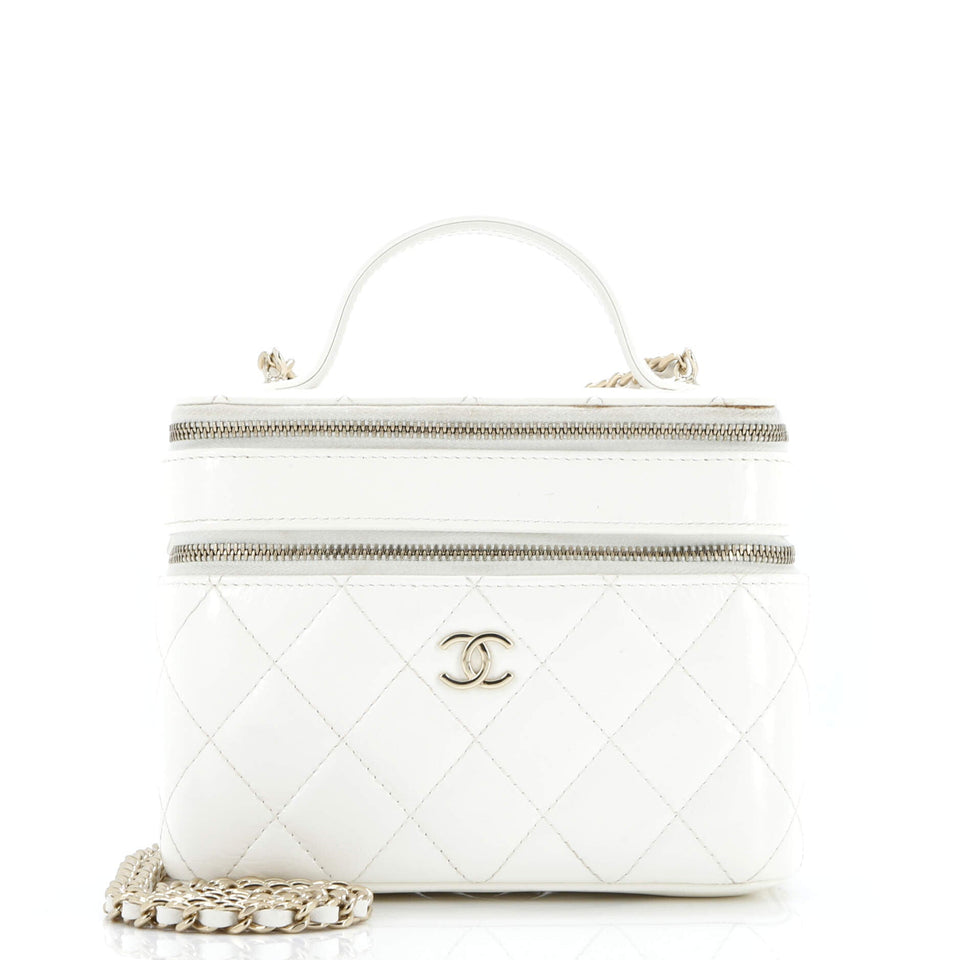 Double Decker Vanity Case with Chain Quilted Shiny Lambskin Small