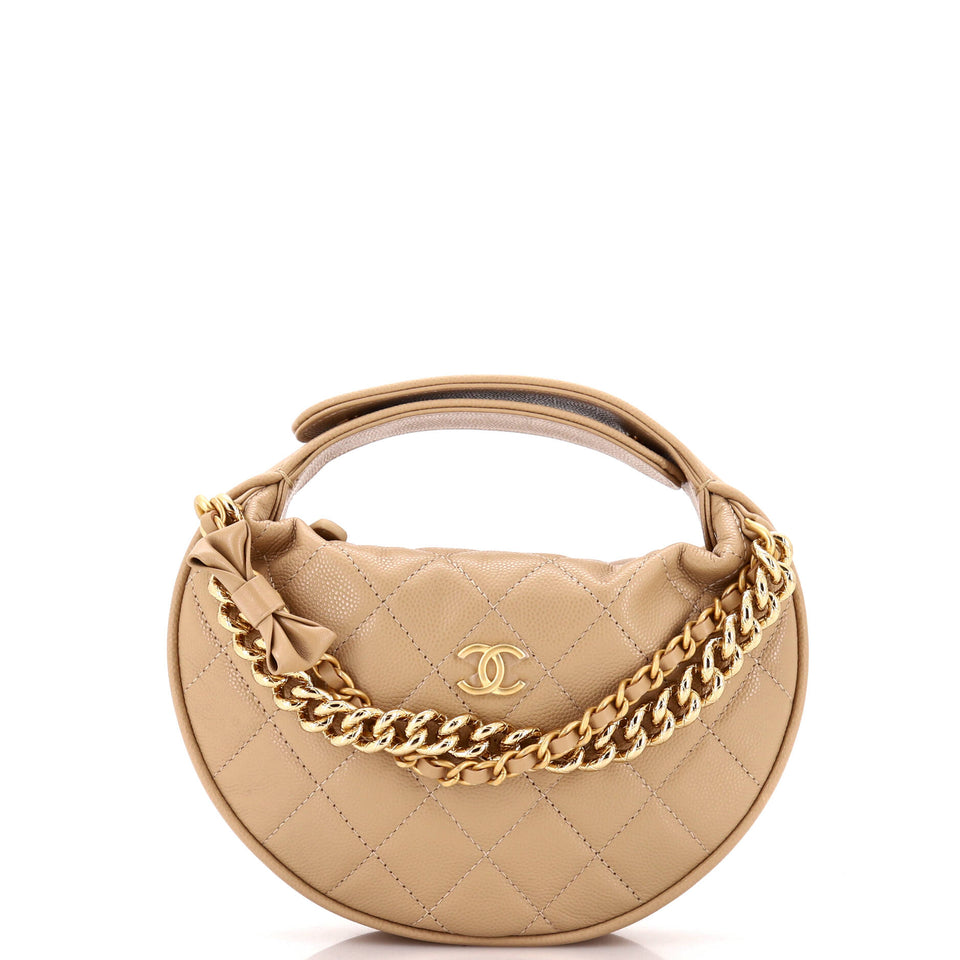 Double Chain Bow Hobo Pouch Quilted Caviar Mini