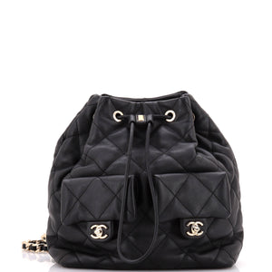 Double Pocket Drawstring Backpack Quilted Calfskin Small