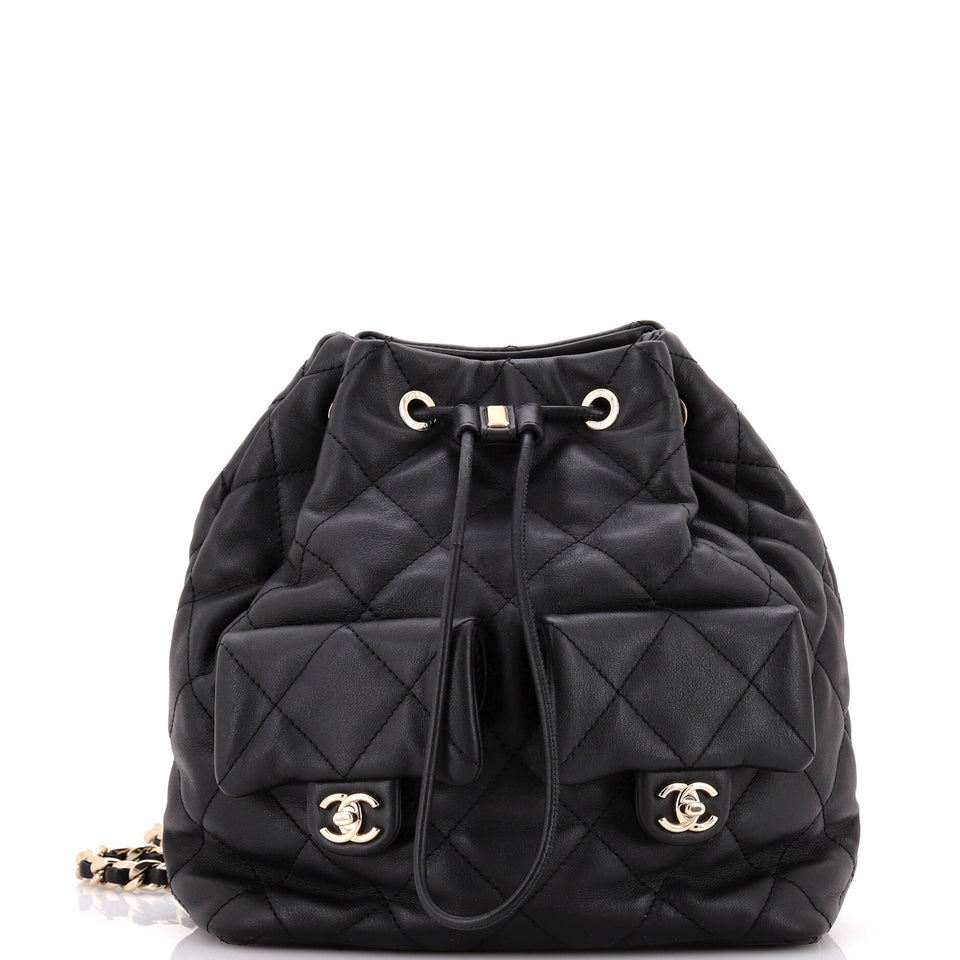Double Pocket Drawstring Backpack Quilted Calfskin Small