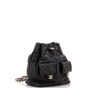 Double Pocket Drawstring Backpack Quilted Calfskin Small