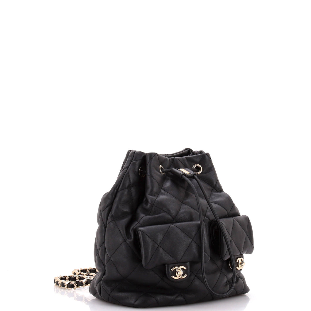 Double Pocket Drawstring Backpack Quilted Calfskin Small
