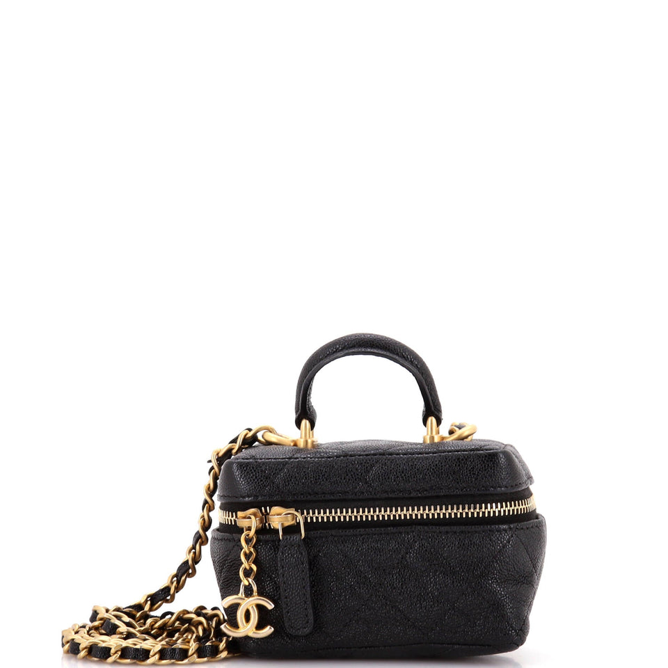 Top Handle Zip Around Vanity Case with Chain Quilted Caviar Mini