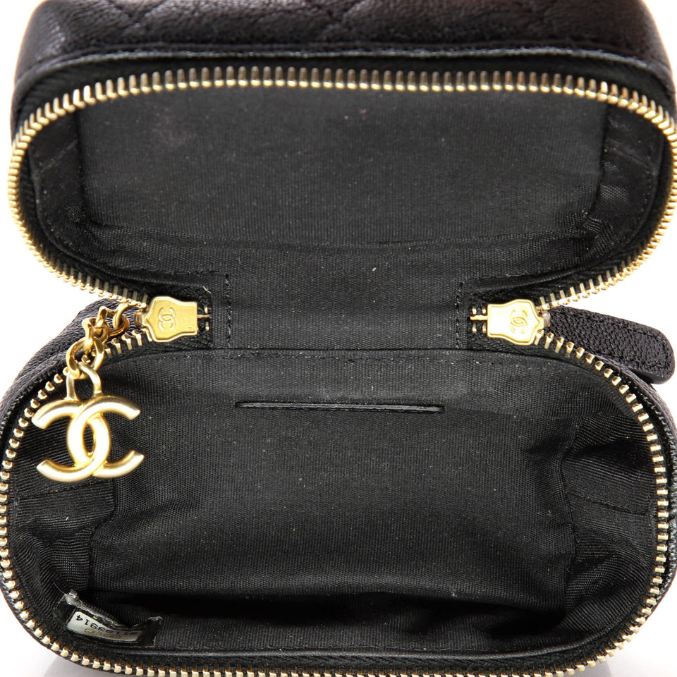 Top Handle Zip Around Vanity Case with Chain Quilted Caviar Mini