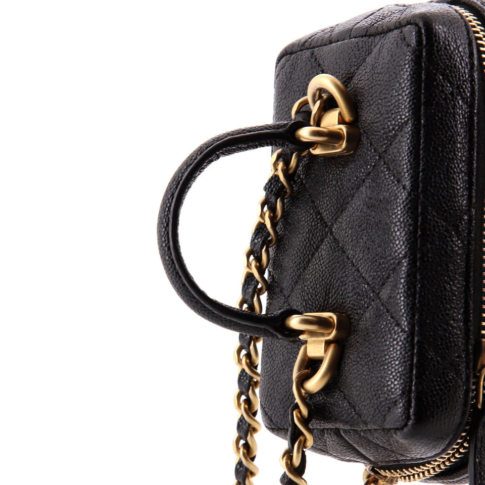 Top Handle Zip Around Vanity Case with Chain Quilted Caviar Mini