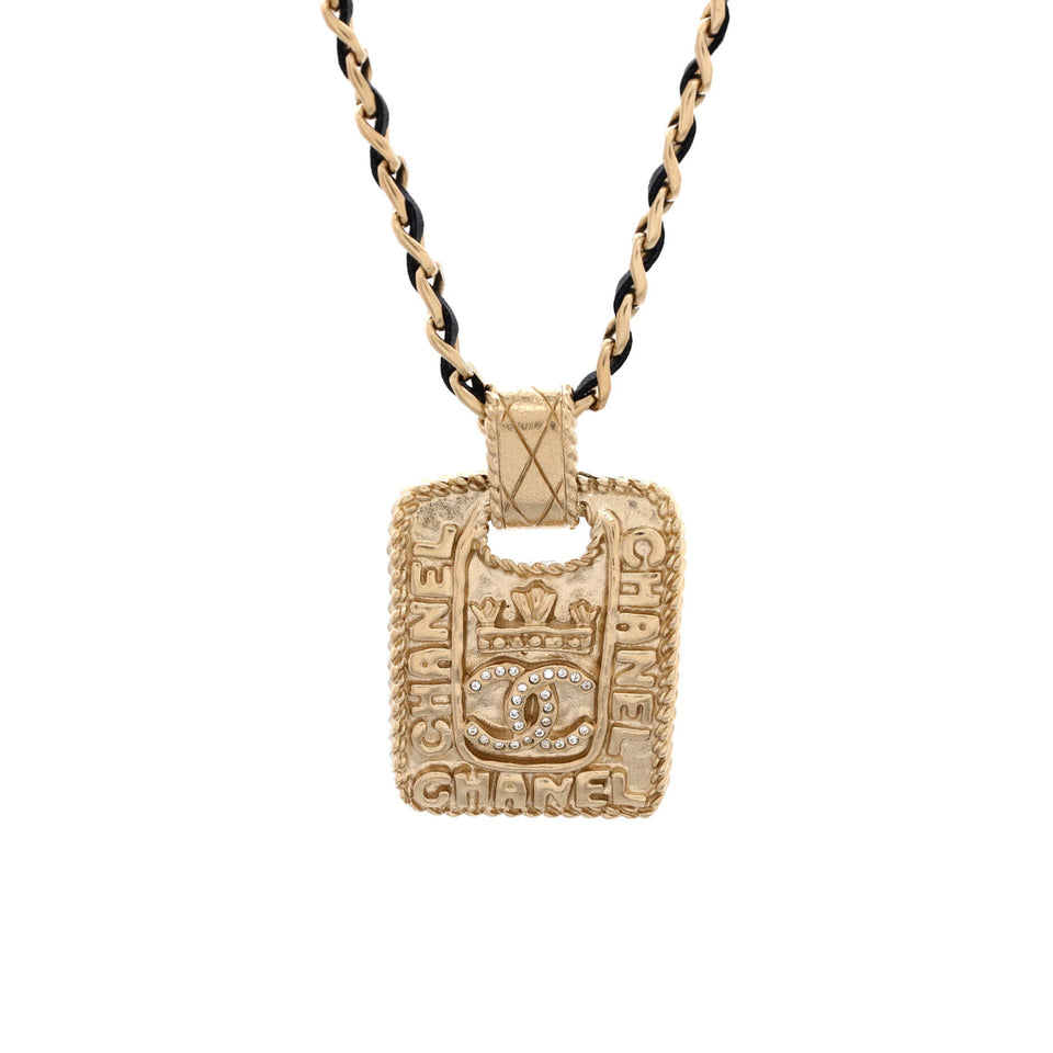 CC Logo Medallion Chain Pendant Necklace Metal with Crystals and Leather