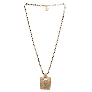 CC Logo Medallion Chain Pendant Necklace Metal with Crystals and Leather
