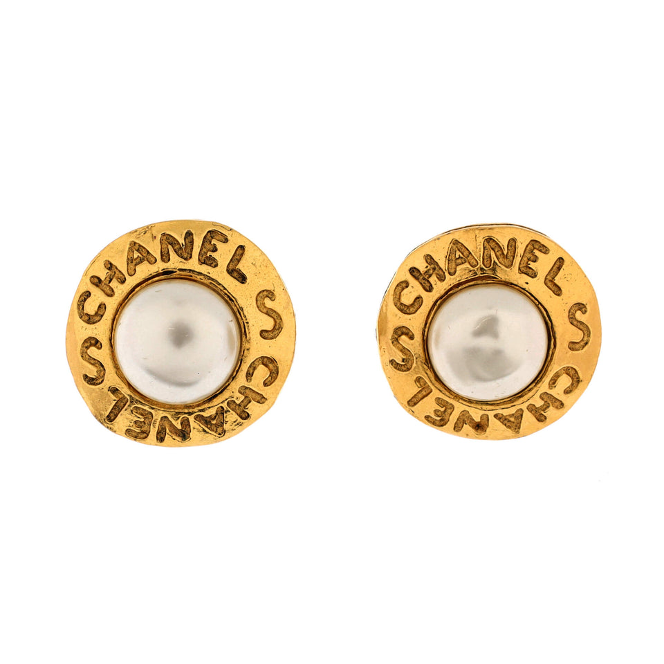 Vintage Round CC Button Clip-On Earrings Metal and Faux Pearl