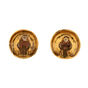 Vintage Round CC Button Clip-On Earrings Metal and Faux Pearl