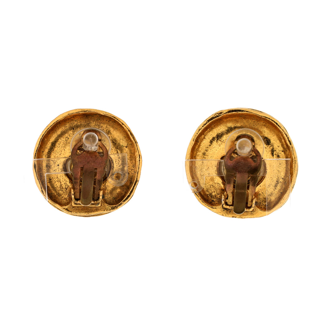 Vintage Round CC Button Clip-On Earrings Metal and Faux Pearl