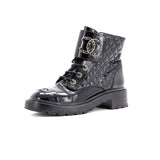 Women's Chain CC Cap Toe Lace Up Combat Boots Quilted Shiny Calfskin