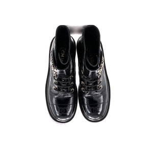 Women's Chain CC Cap Toe Lace Up Combat Boots Quilted Shiny Calfskin
