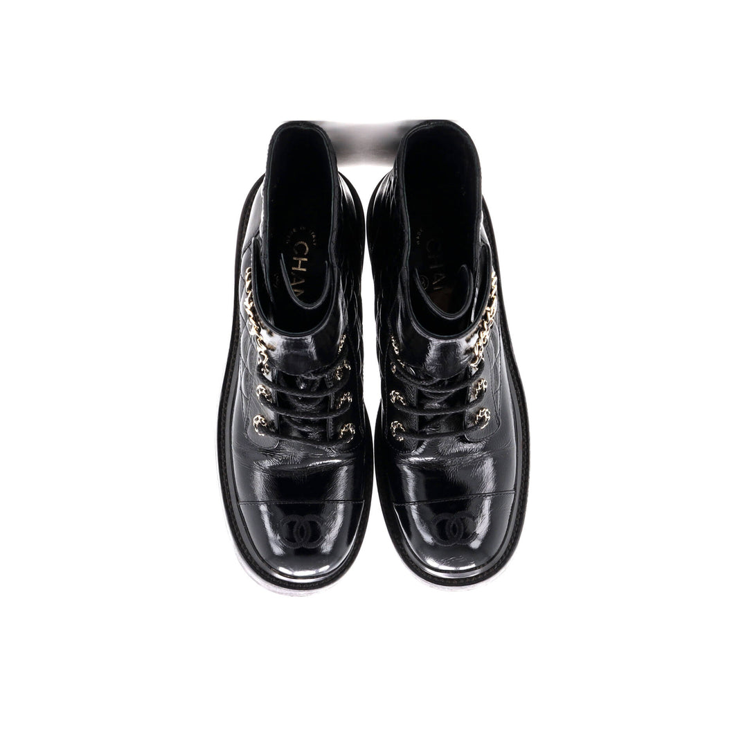Women's Chain CC Cap Toe Lace Up Combat Boots Quilted Shiny Calfskin