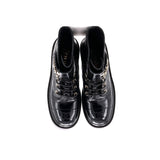 Women's Chain CC Cap Toe Lace Up Combat Boots Quilted Shiny Calfskin