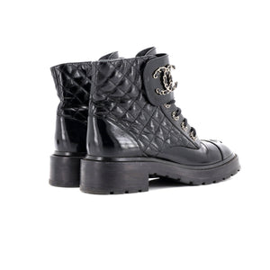 Women's Chain CC Cap Toe Lace Up Combat Boots Quilted Shiny Calfskin