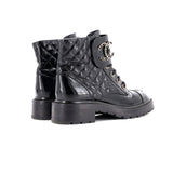 Women's Chain CC Cap Toe Lace Up Combat Boots Quilted Shiny Calfskin