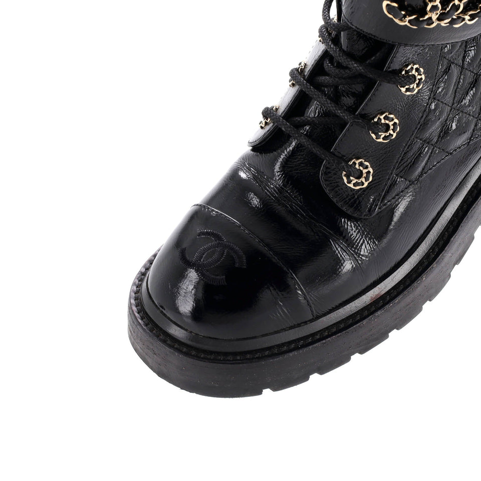 Women's Chain CC Cap Toe Lace Up Combat Boots Quilted Shiny Calfskin