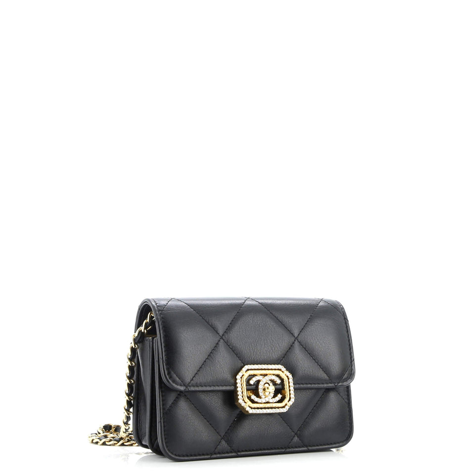 Crystal Geometric Frame CC Clutch with Chain Quilted Calfskin
