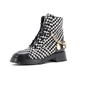 Women's Chain CC Cap Toe Lace Up Combat Boots Tweed and Leather