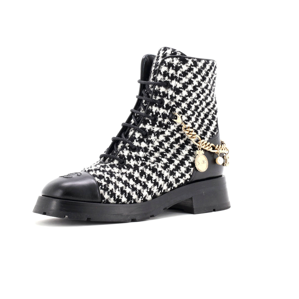 Women's Chain CC Cap Toe Lace Up Combat Boots Tweed and Leather