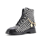 Women's Chain CC Cap Toe Lace Up Combat Boots Tweed and Leather