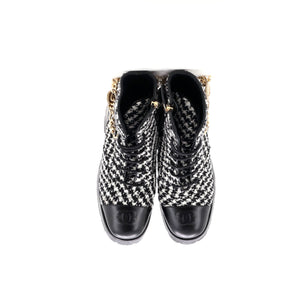 Women's Chain CC Cap Toe Lace Up Combat Boots Tweed and Leather