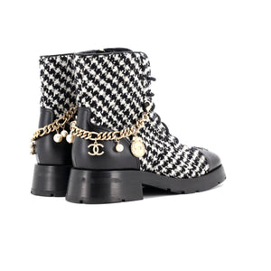 Women's Chain CC Cap Toe Lace Up Combat Boots Tweed and Leather