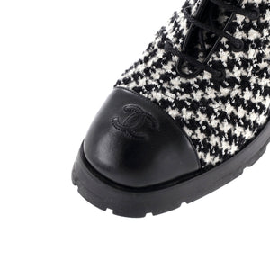 Women's Chain CC Cap Toe Lace Up Combat Boots Tweed and Leather