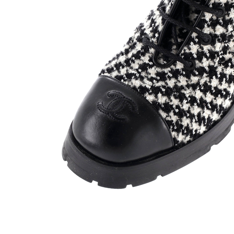 Women's Chain CC Cap Toe Lace Up Combat Boots Tweed and Leather