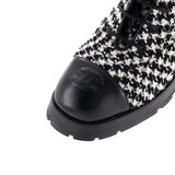 Women's Chain CC Cap Toe Lace Up Combat Boots Tweed and Leather