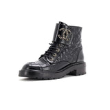 Women's Chain CC Cap Toe Lace Up Combat Boots Quilted Shiny Calfskin