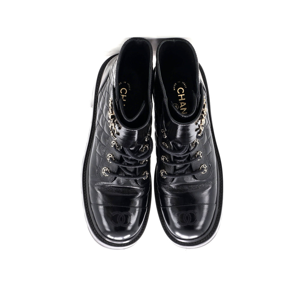 Women's Chain CC Cap Toe Lace Up Combat Boots Quilted Shiny Calfskin