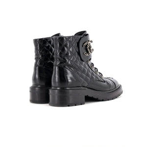 Women's Chain CC Cap Toe Lace Up Combat Boots Quilted Shiny Calfskin
