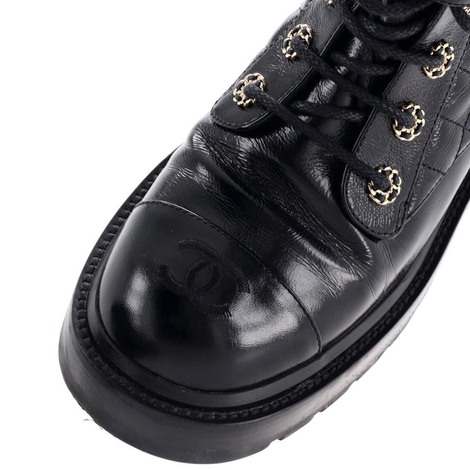 Women's Chain CC Cap Toe Lace Up Combat Boots Quilted Shiny Calfskin