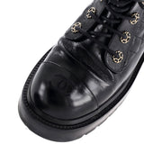 Women's Chain CC Cap Toe Lace Up Combat Boots Quilted Shiny Calfskin