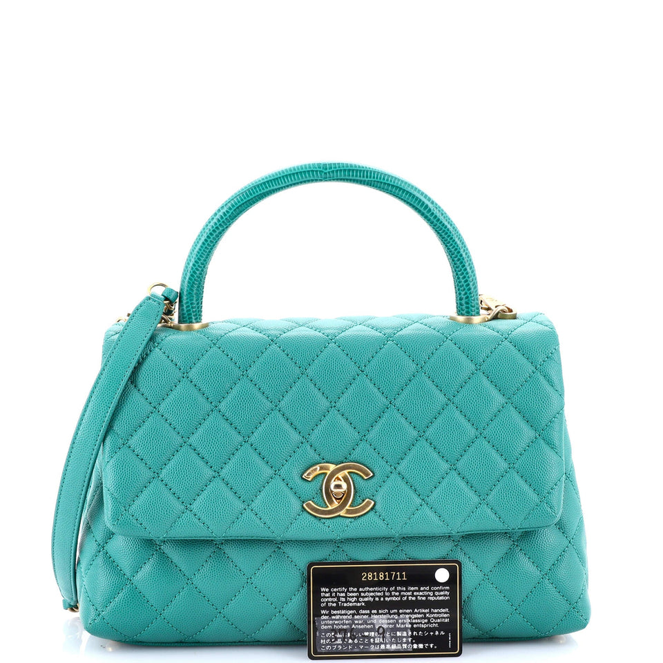 Coco Top Handle Bag Quilted Caviar with Lizard Embossed Handle Small