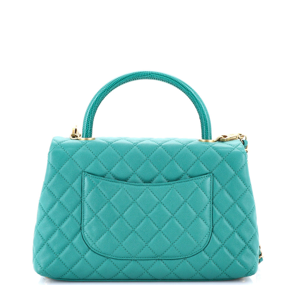 Coco Top Handle Bag Quilted Caviar with Lizard Embossed Handle Small