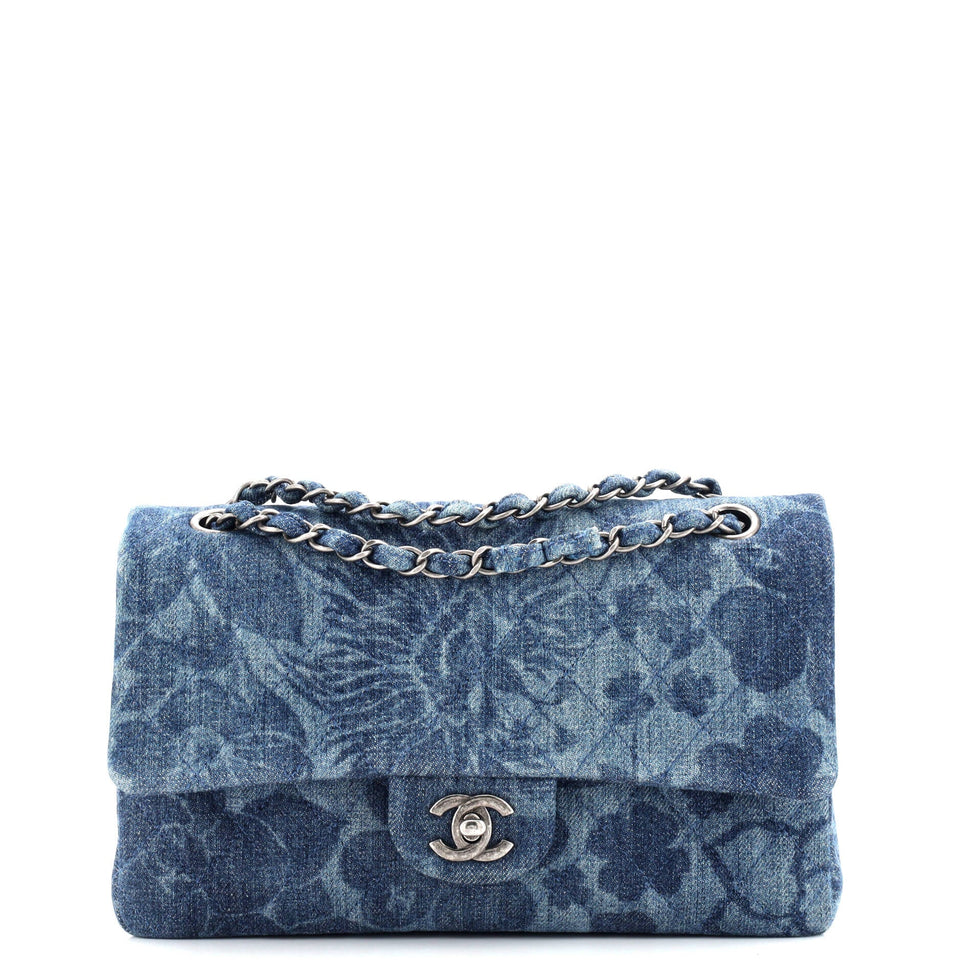 Camellia Classic Double Flap Bag Quilted Printed Denim Medium