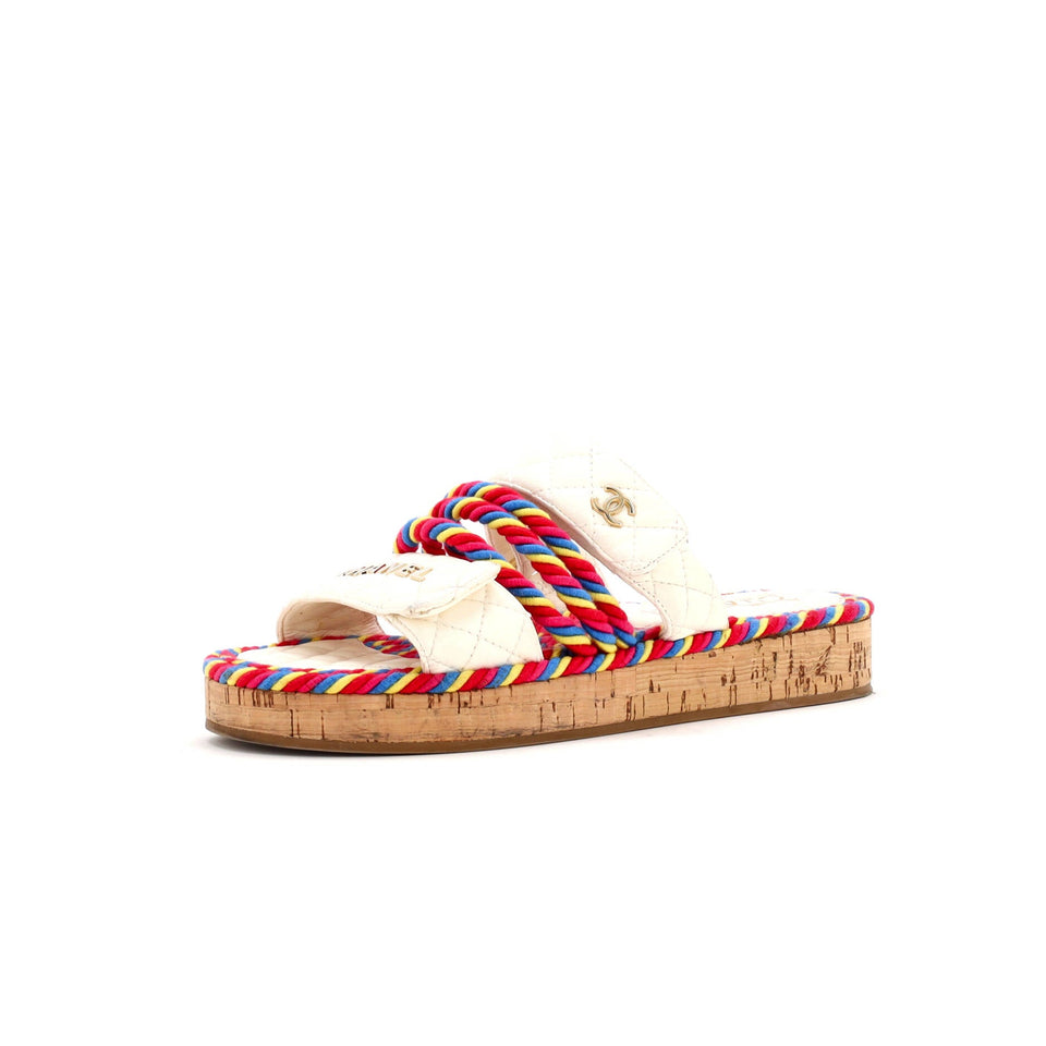 Women's Cord Velcro Mule Sandals Quilted Leather