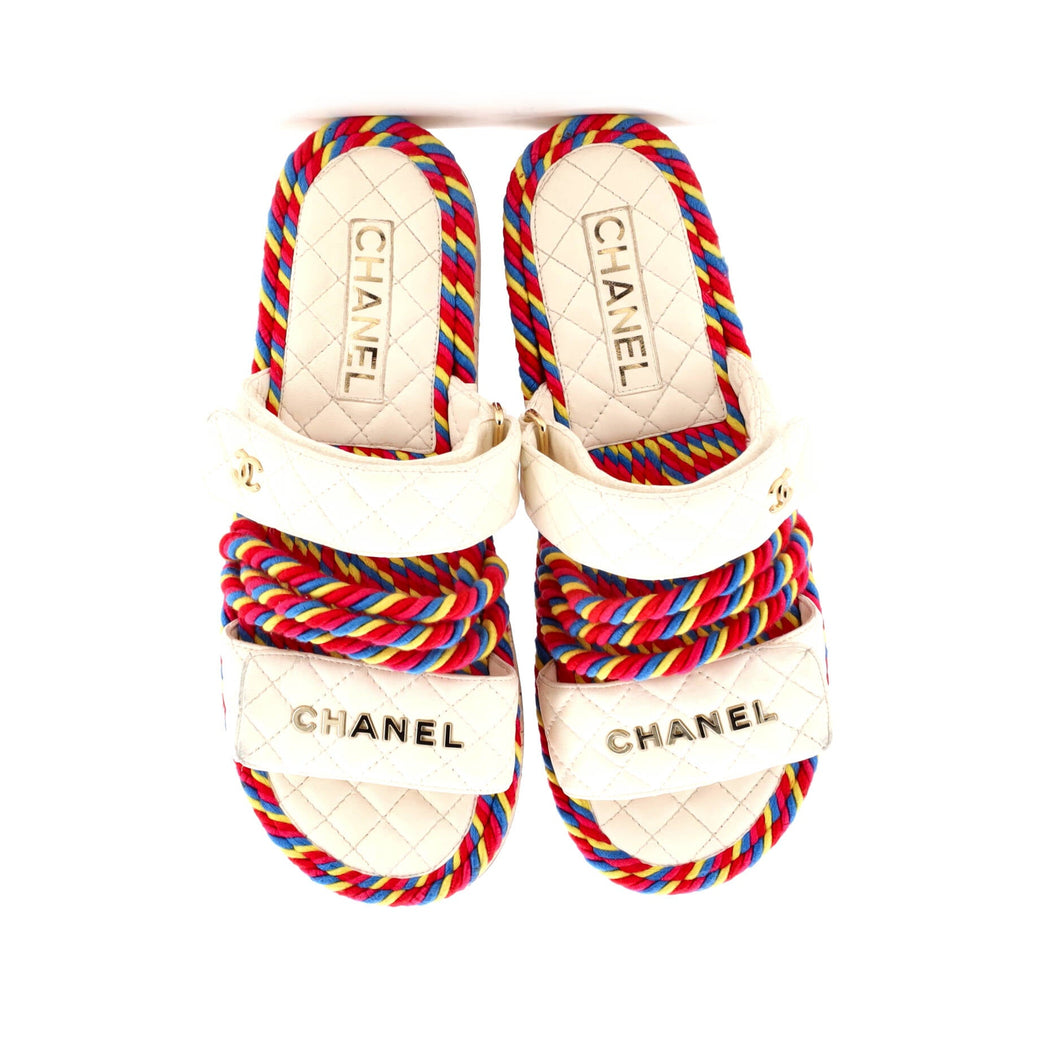 Women's Cord Velcro Mule Sandals Quilted Leather