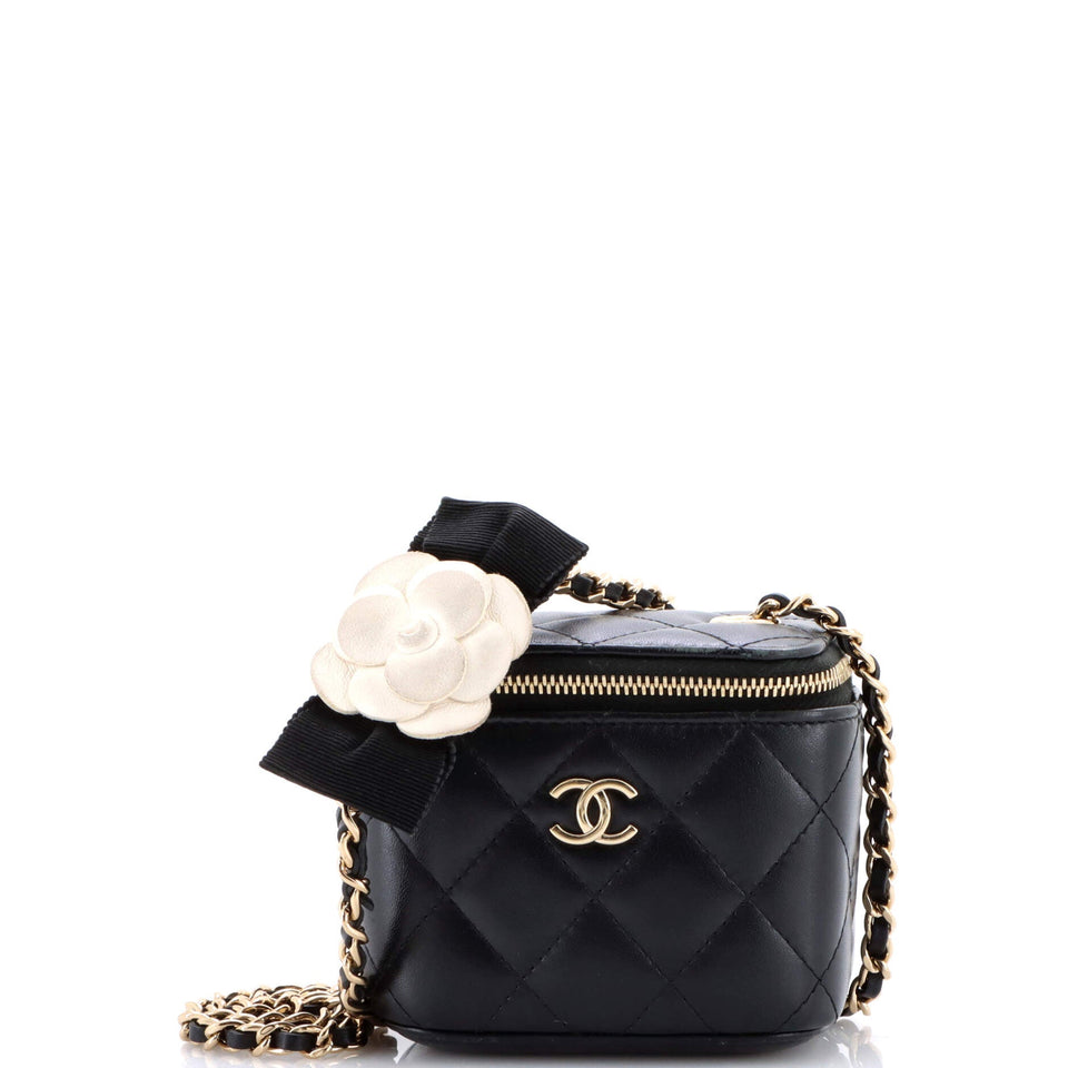 Camellia Bow Vanity Case with Chain Quilted Lambskin Mini