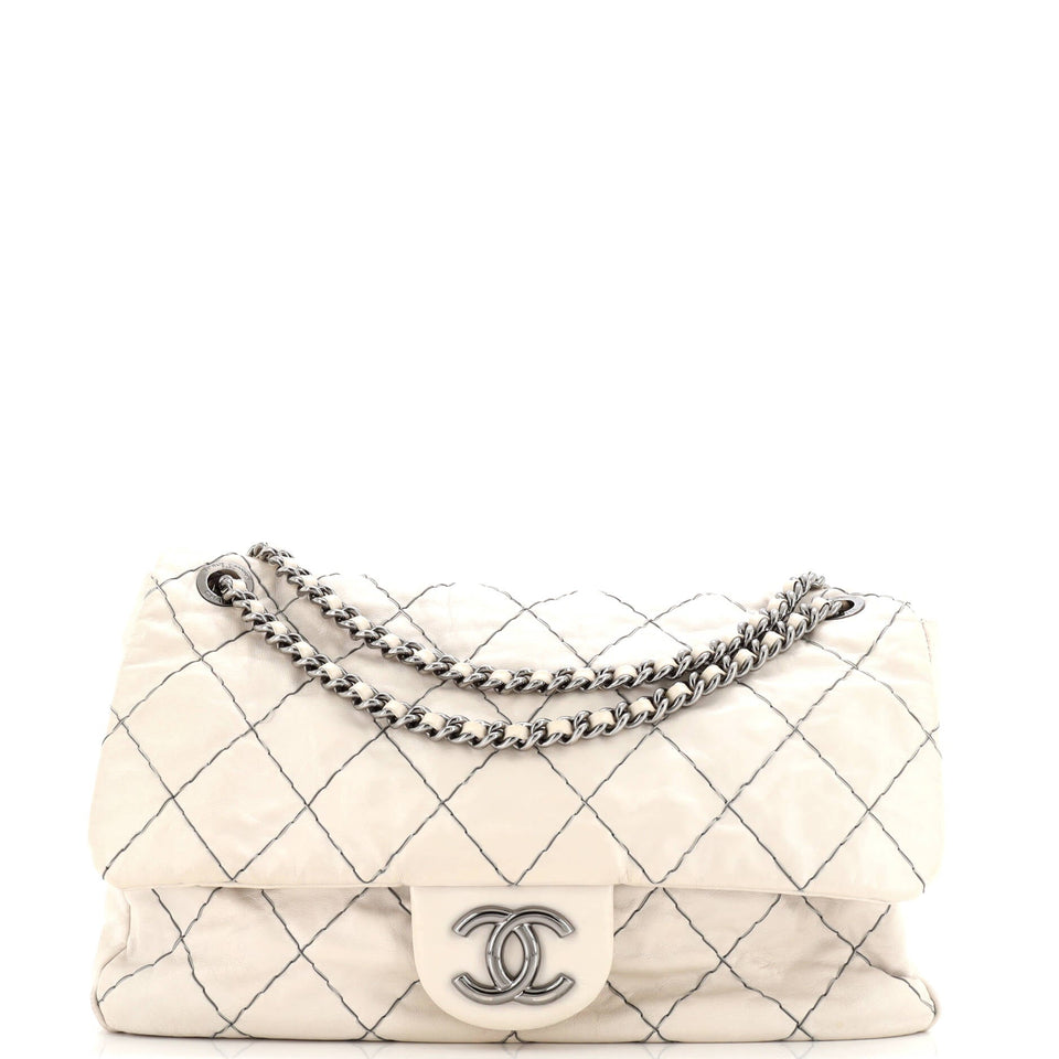 Double Stitch Flap Bag Quilted Glazed Calfskin Large