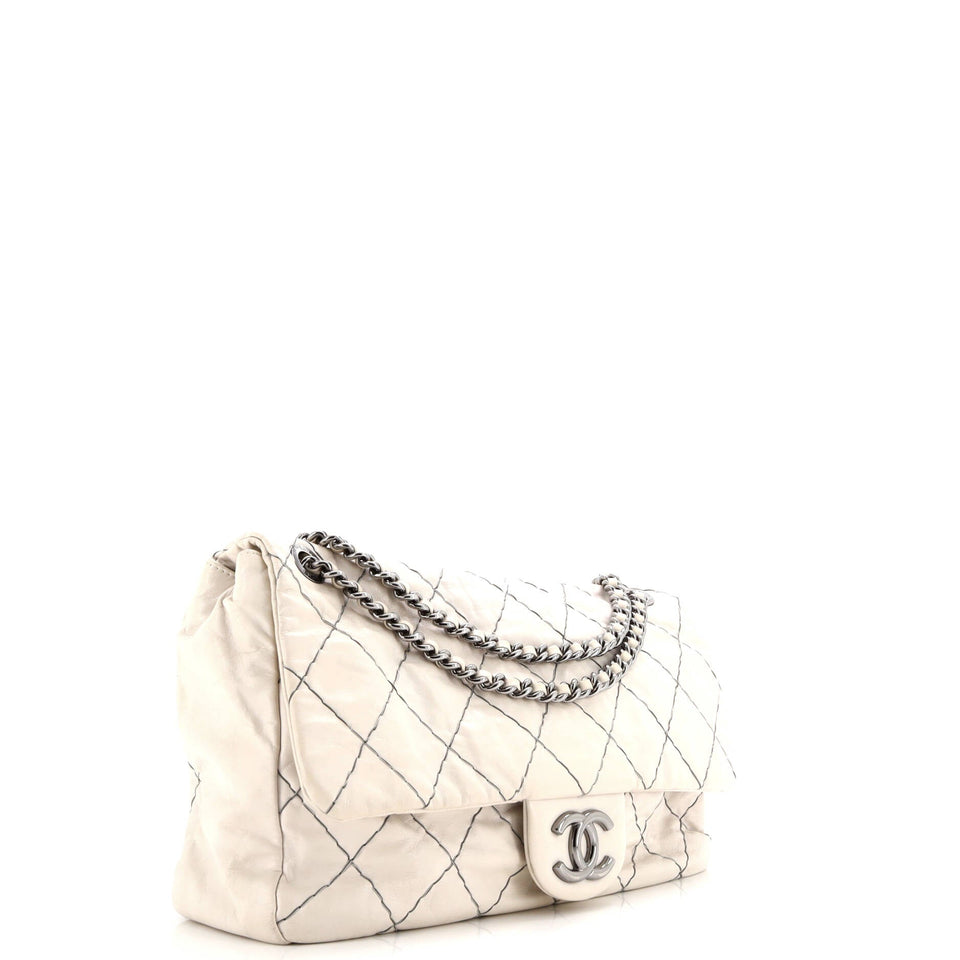 Double Stitch Flap Bag Quilted Glazed Calfskin Large