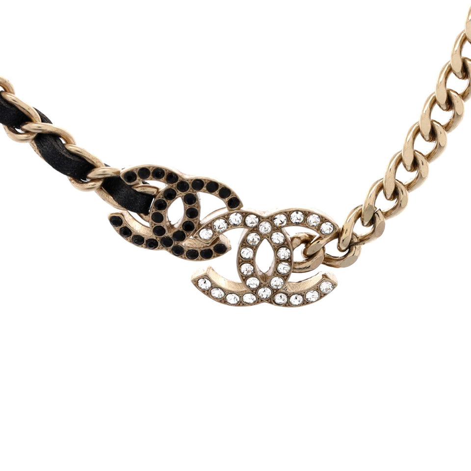 Double CC Chain Choker Necklace Metal with Leather and Crystals