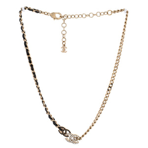 Double CC Chain Choker Necklace Metal with Leather and Crystals