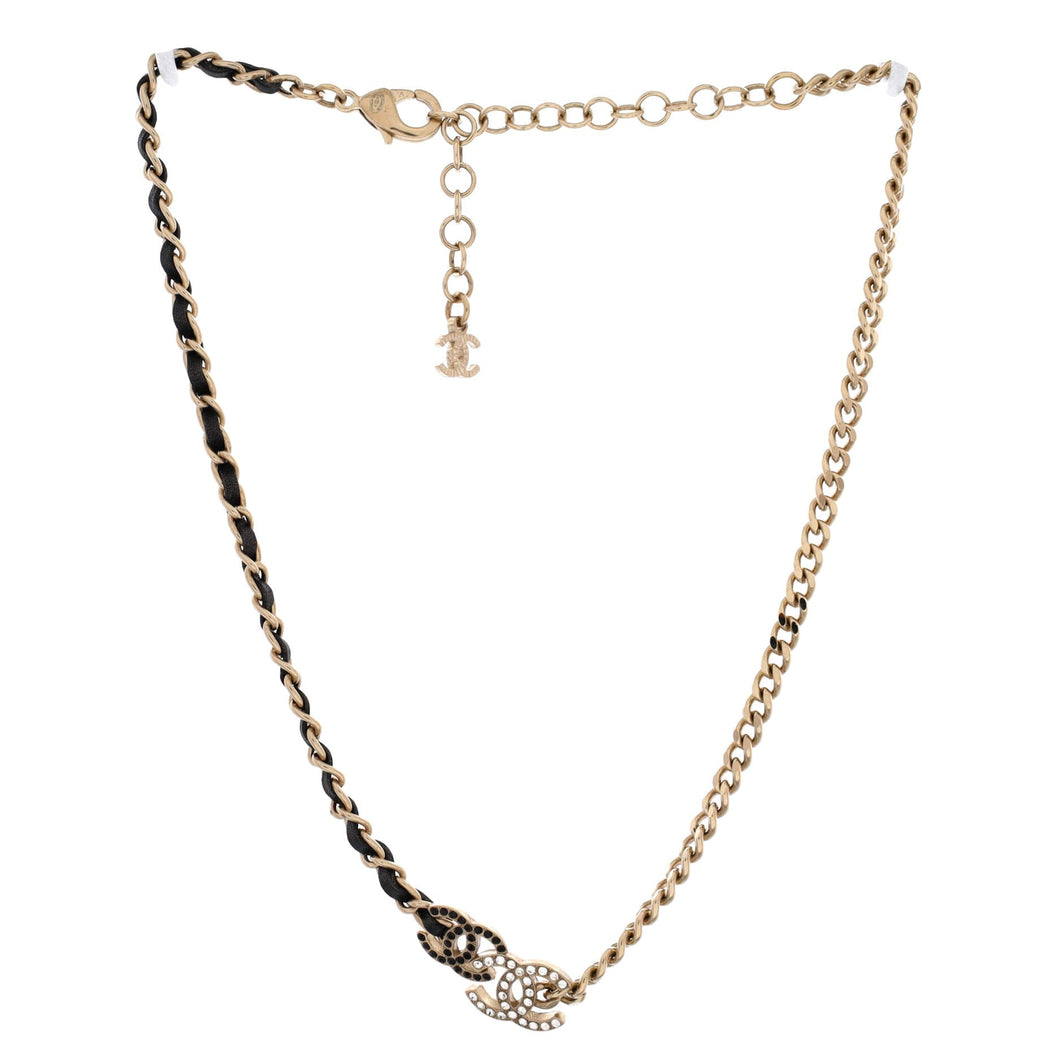 Double CC Chain Choker Necklace Metal with Leather and Crystals