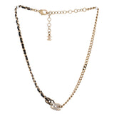 Double CC Chain Choker Necklace Metal with Leather and Crystals