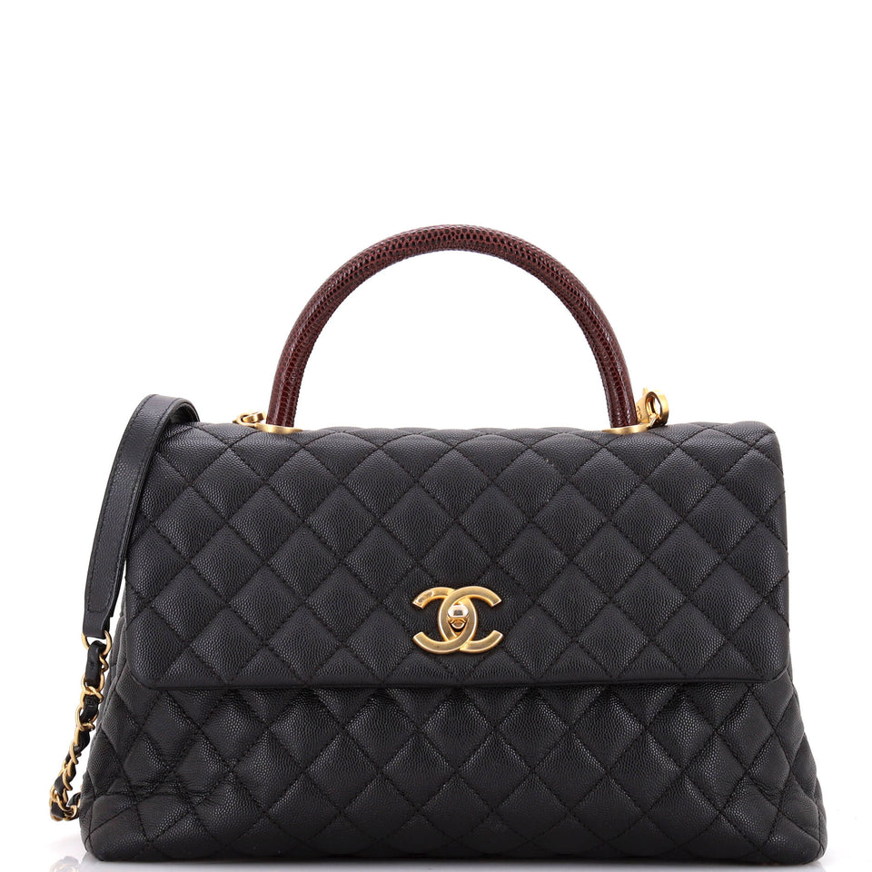 Coco Top Handle Bag Quilted Caviar with Lizard Medium