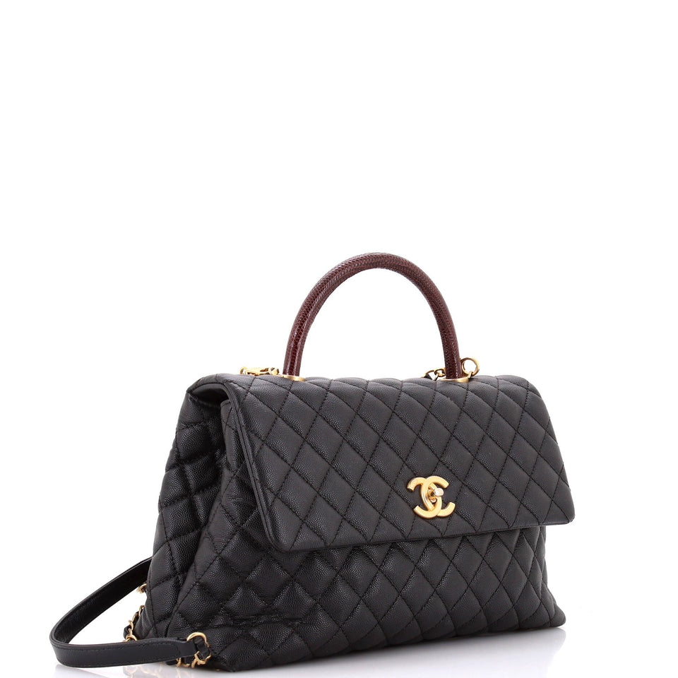 Coco Top Handle Bag Quilted Caviar with Lizard Medium